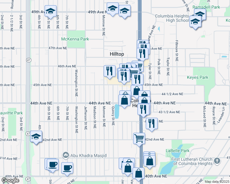 map of restaurants, bars, coffee shops, grocery stores, and more near 4444 Jackson Street Northeast in Minneapolis