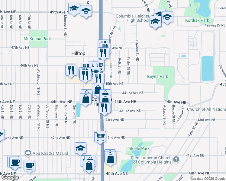 map of restaurants, bars, coffee shops, grocery stores, and more near 959 44 1/2 Avenue Northeast in Columbia Heights