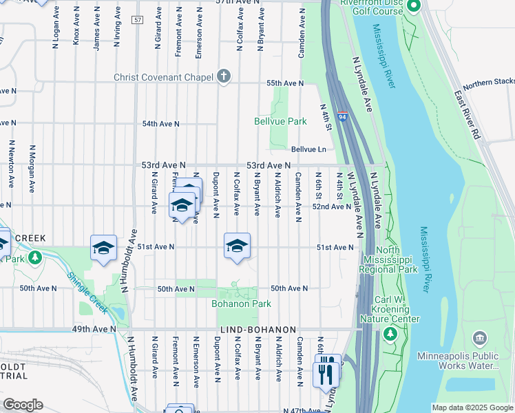 map of restaurants, bars, coffee shops, grocery stores, and more near Bryant Avenue North & 52nd Avenue North in Minneapolis