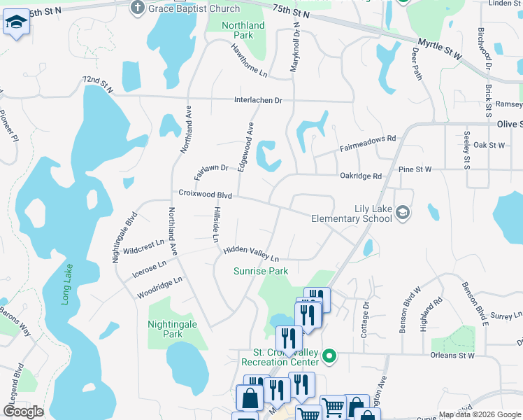 map of restaurants, bars, coffee shops, grocery stores, and more near 2503 Croixwood Boulevard in Stillwater