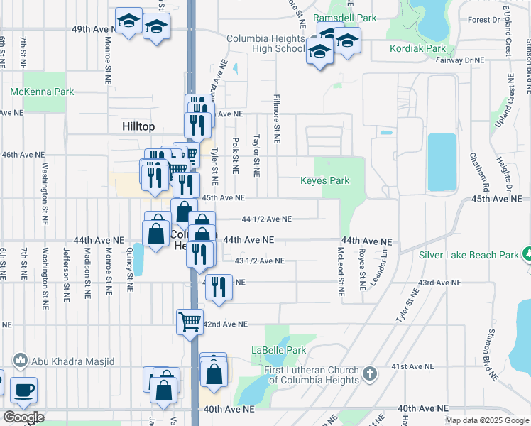 map of restaurants, bars, coffee shops, grocery stores, and more near 1119 44 1/2 Avenue Northeast in Columbia Heights