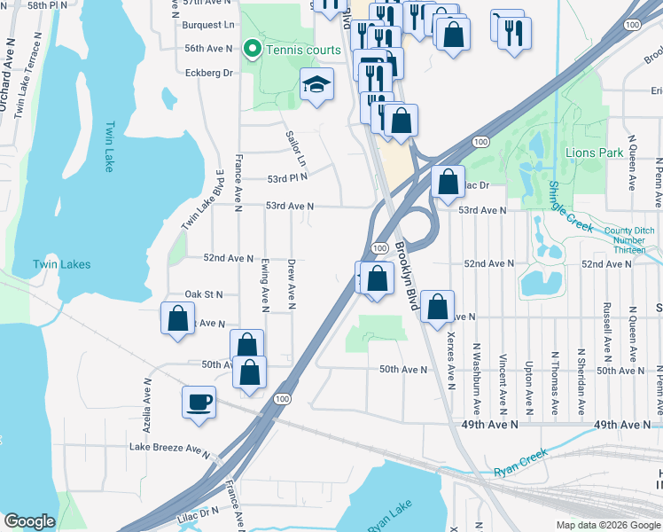 map of restaurants, bars, coffee shops, grocery stores, and more near 3315 53rd Avenue North in Brooklyn Center