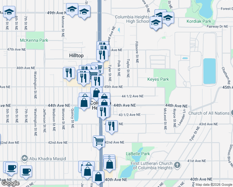 map of restaurants, bars, coffee shops, grocery stores, and more near 1015 44 1/2 Avenue Northeast in Columbia Heights