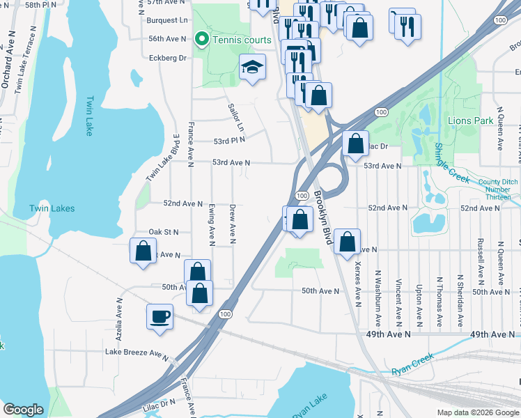 map of restaurants, bars, coffee shops, grocery stores, and more near 3315 53rd Avenue North in Brooklyn Center