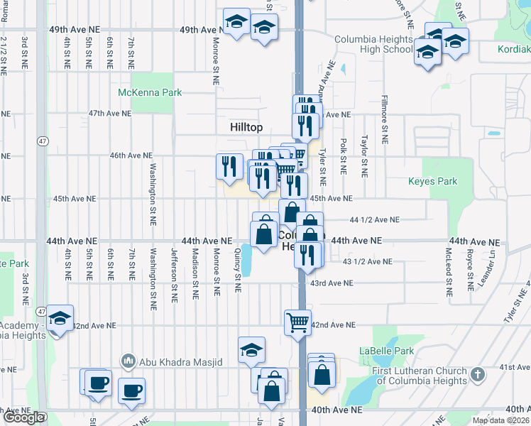 map of restaurants, bars, coffee shops, grocery stores, and more near 4440 Van Buren Street Northeast in Minneapolis