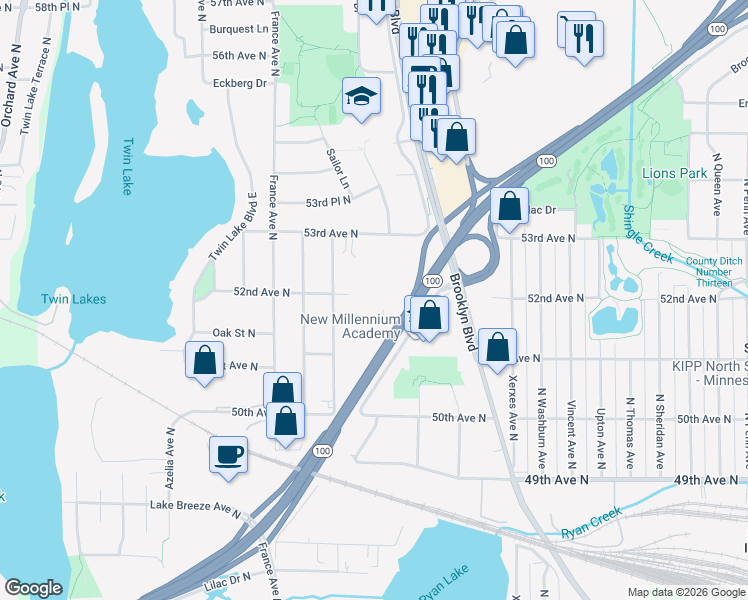 map of restaurants, bars, coffee shops, grocery stores, and more near 3315 53rd Avenue North in Brooklyn Center
