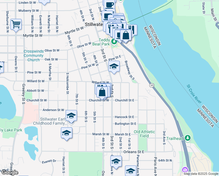 map of restaurants, bars, coffee shops, grocery stores, and more near 712 3rd Street South in Stillwater