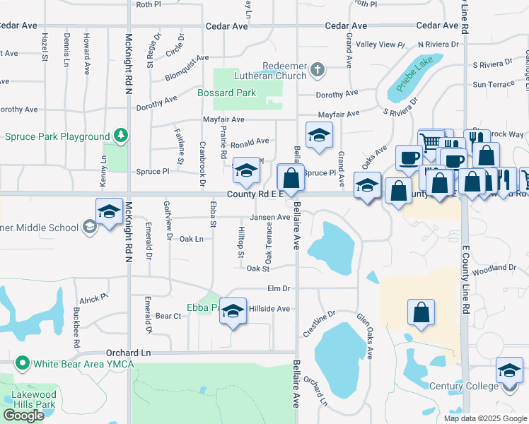 map of restaurants, bars, coffee shops, grocery stores, and more near 2447 Jansen Avenue in White Bear Lake