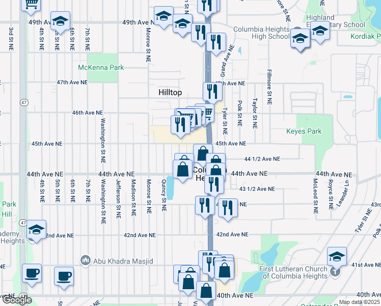 map of restaurants, bars, coffee shops, grocery stores, and more near 4440 Van Buren Street Northeast in Minneapolis
