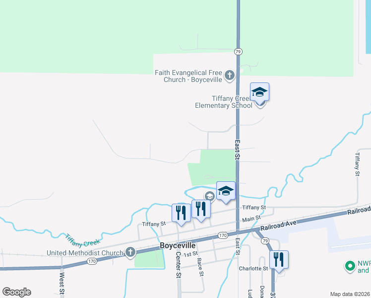 map of restaurants, bars, coffee shops, grocery stores, and more near 903 Granbakken Way in Boyceville