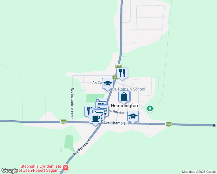 map of restaurants, bars, coffee shops, grocery stores, and more near 565 Rue Frontière in Hemmingford