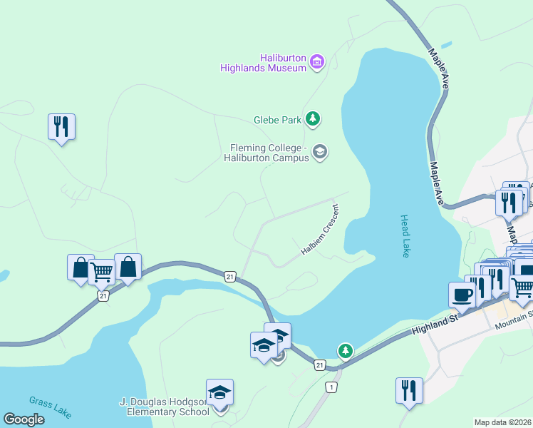 map of restaurants, bars, coffee shops, grocery stores, and more near 13 Glebe Road in Haliburton County