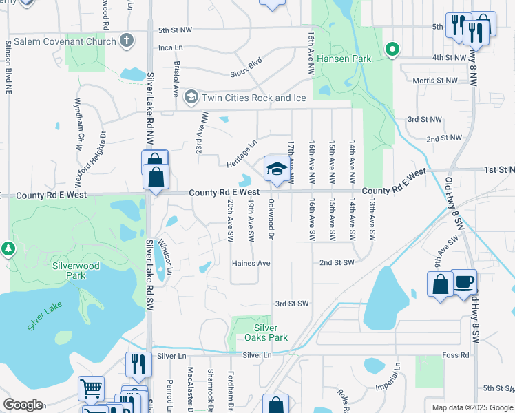 map of restaurants, bars, coffee shops, grocery stores, and more near 25 19th Avenue Southwest in New Brighton