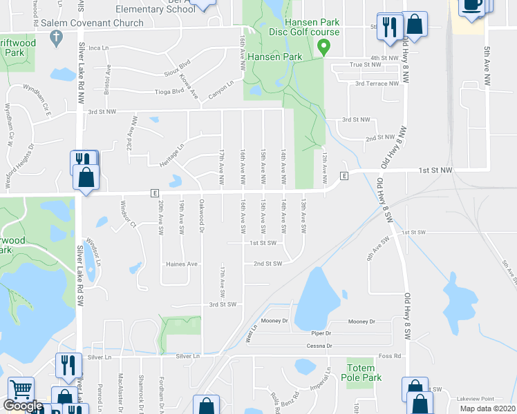 map of restaurants, bars, coffee shops, grocery stores, and more near 40 15th Avenue Southwest in New Brighton
