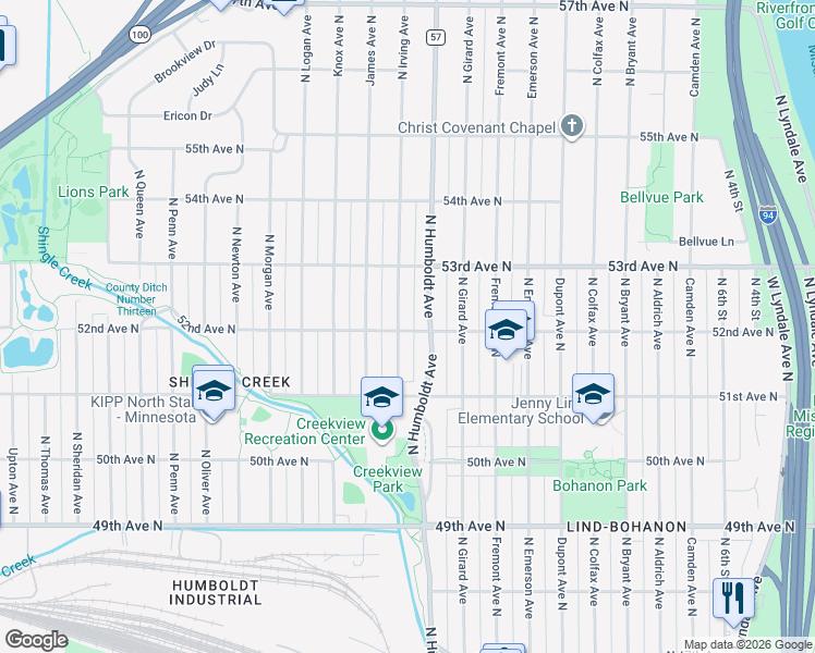 map of restaurants, bars, coffee shops, grocery stores, and more near 1516 52nd Avenue North in Minneapolis