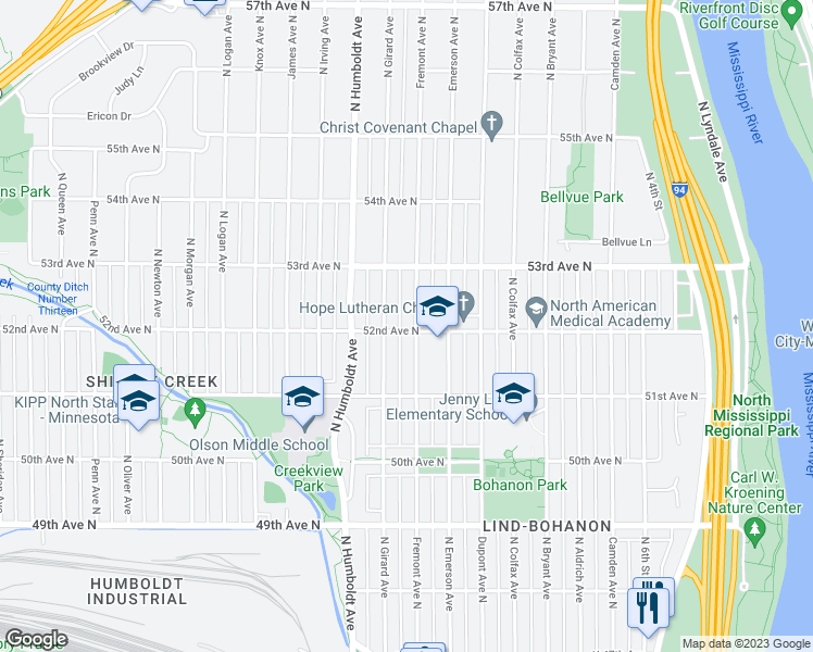 map of restaurants, bars, coffee shops, grocery stores, and more near 5201 Fremont Avenue North in Minneapolis