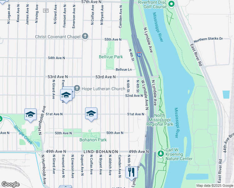 map of restaurants, bars, coffee shops, grocery stores, and more near 5201 Camden Avenue North in Minneapolis