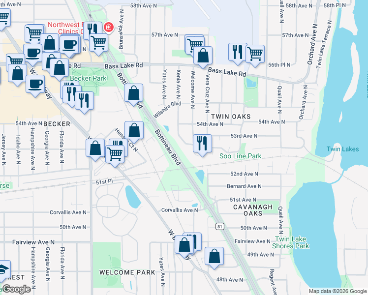map of restaurants, bars, coffee shops, grocery stores, and more near 5225 Xenia Avenue North in Minneapolis