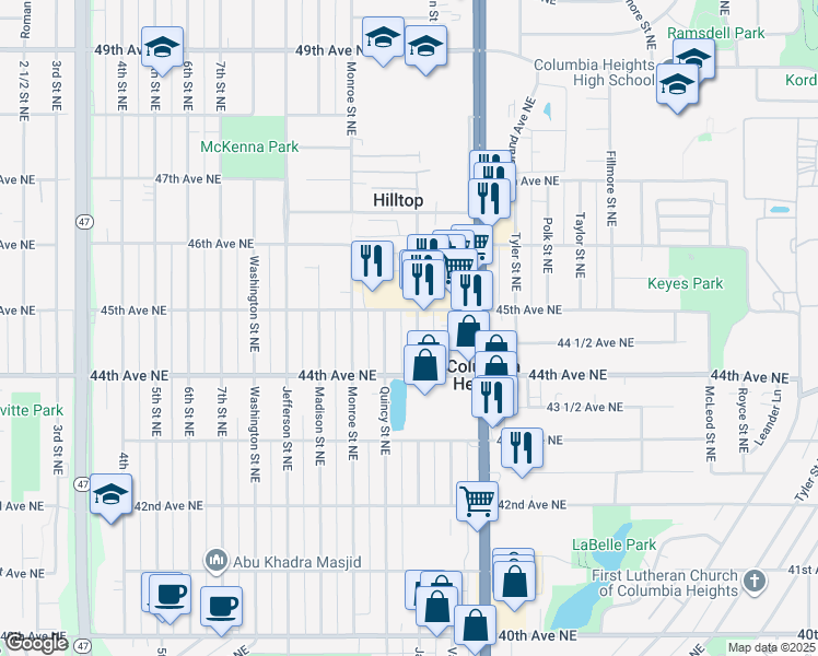 map of restaurants, bars, coffee shops, grocery stores, and more near 4444 Jackson Street Northeast in Minneapolis