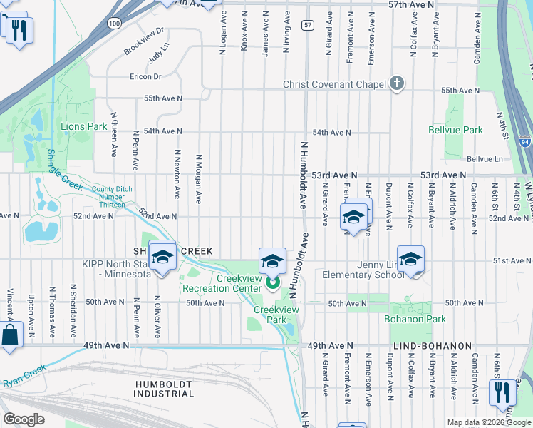map of restaurants, bars, coffee shops, grocery stores, and more near 5200 James Avenue North in Minneapolis