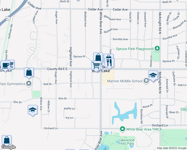 map of restaurants, bars, coffee shops, grocery stores, and more near 3576 Jerry Street in White Bear Lake