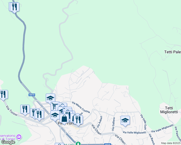 map of restaurants, bars, coffee shops, grocery stores, and more near 17 Via delle Rose in Pino Torinese