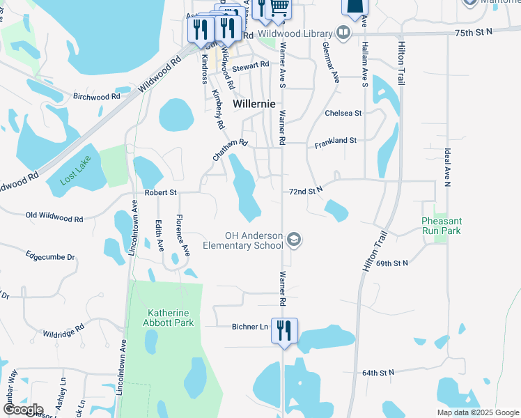 map of restaurants, bars, coffee shops, grocery stores, and more near 581 Warner Avenue South in Mahtomedi