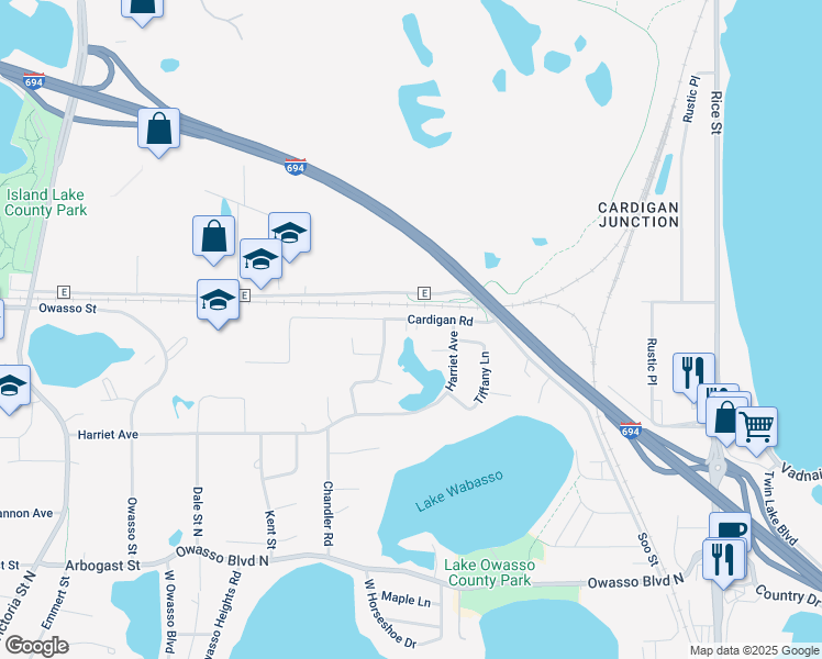 map of restaurants, bars, coffee shops, grocery stores, and more near 416 Cardigan Road in Shoreview