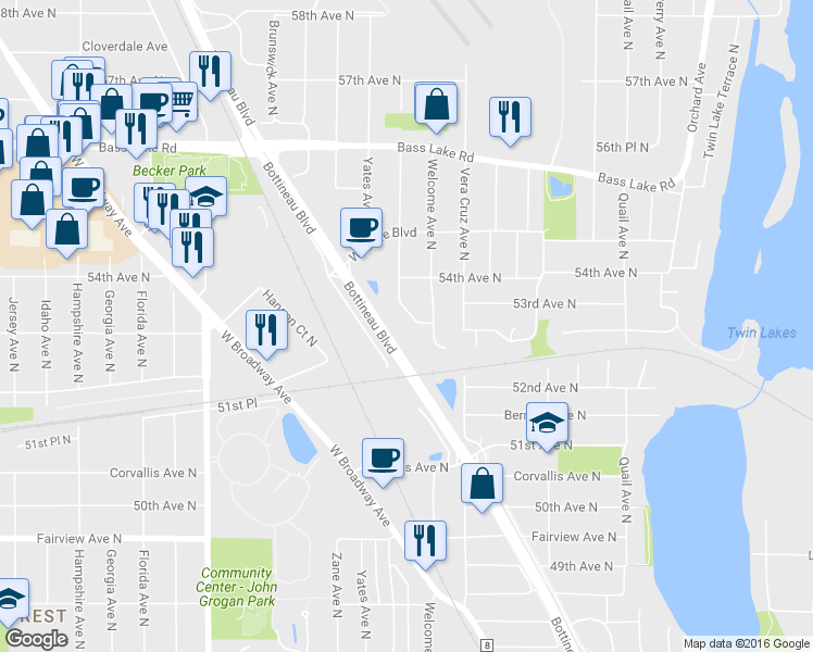 map of restaurants, bars, coffee shops, grocery stores, and more near 5225 Xenia Avenue North in Minneapolis