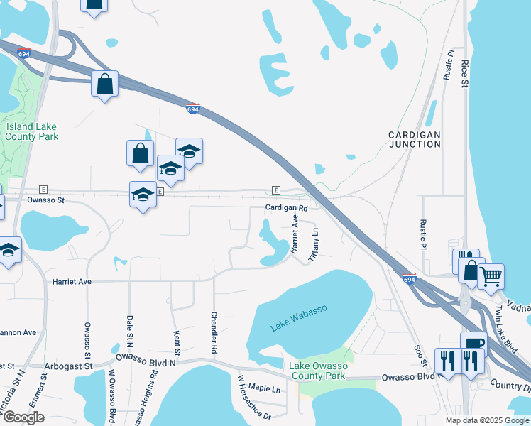 map of restaurants, bars, coffee shops, grocery stores, and more near 416 Cardigan Road in Shoreview