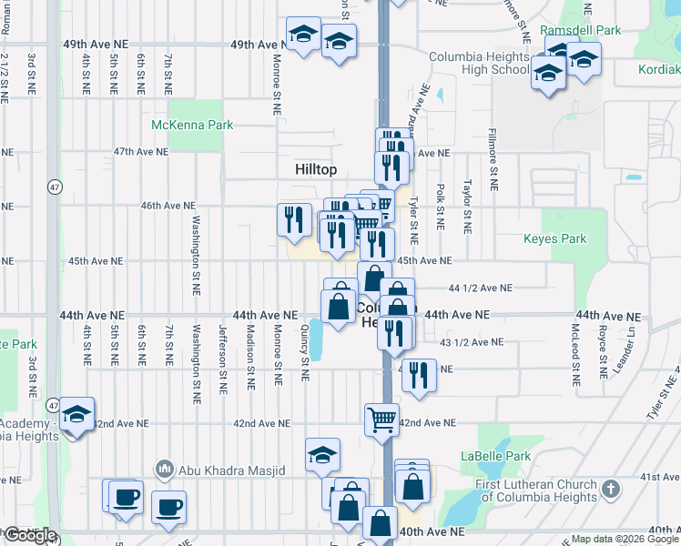 map of restaurants, bars, coffee shops, grocery stores, and more near 4440 Van Buren Street Northeast in Minneapolis