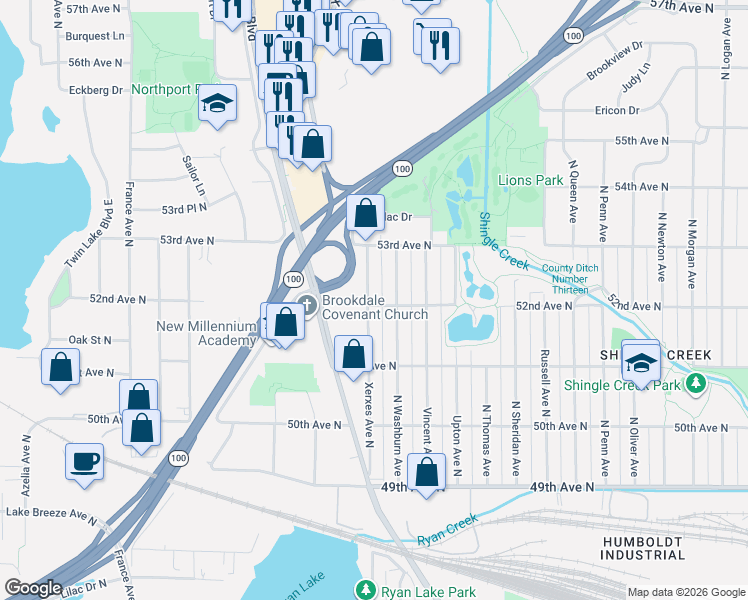map of restaurants, bars, coffee shops, grocery stores, and more near 5201 Xerxes Avenue North in Minneapolis