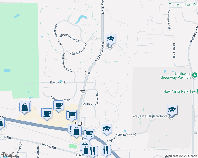 map of restaurants, bars, coffee shops, grocery stores, and more near 18990 52nd Avenue North in Plymouth