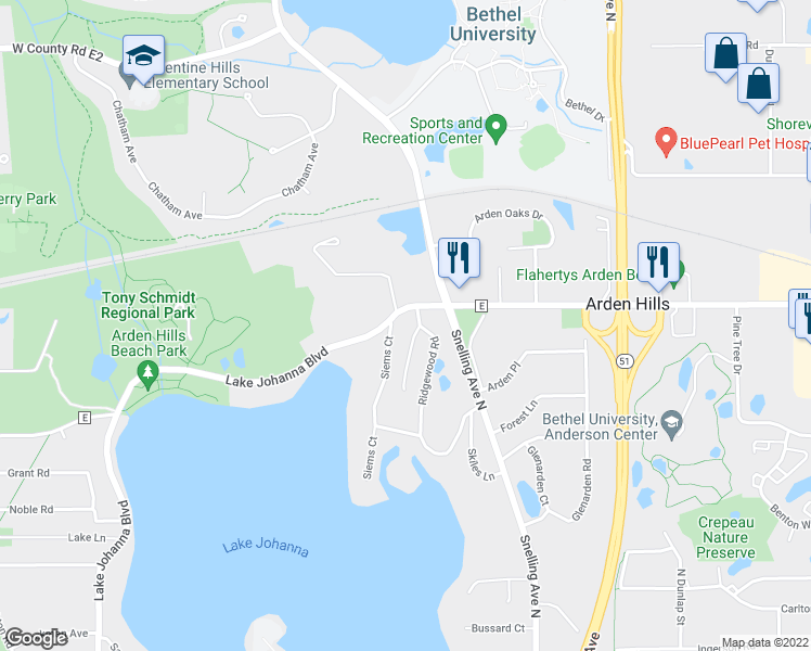 map of restaurants, bars, coffee shops, grocery stores, and more near 3585 Ridgewood Court in New Brighton