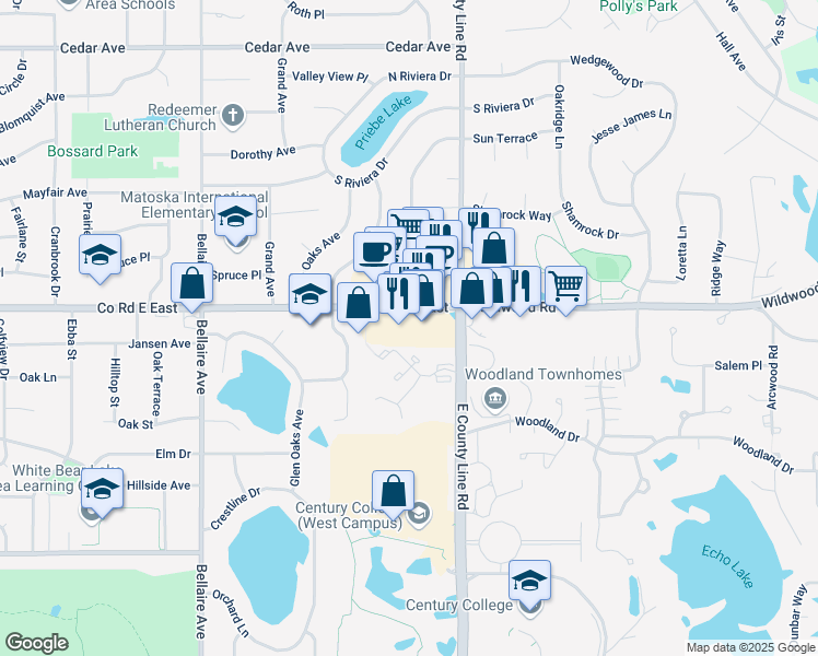 map of restaurants, bars, coffee shops, grocery stores, and more near 2694 County Road E East in White Bear Lake