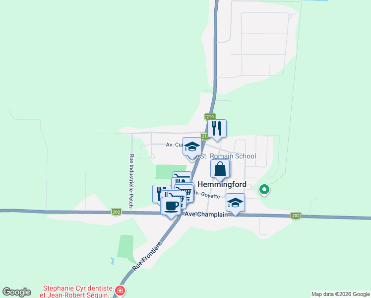 map of restaurants, bars, coffee shops, grocery stores, and more near 486 Avenue Curry in Hemmingford