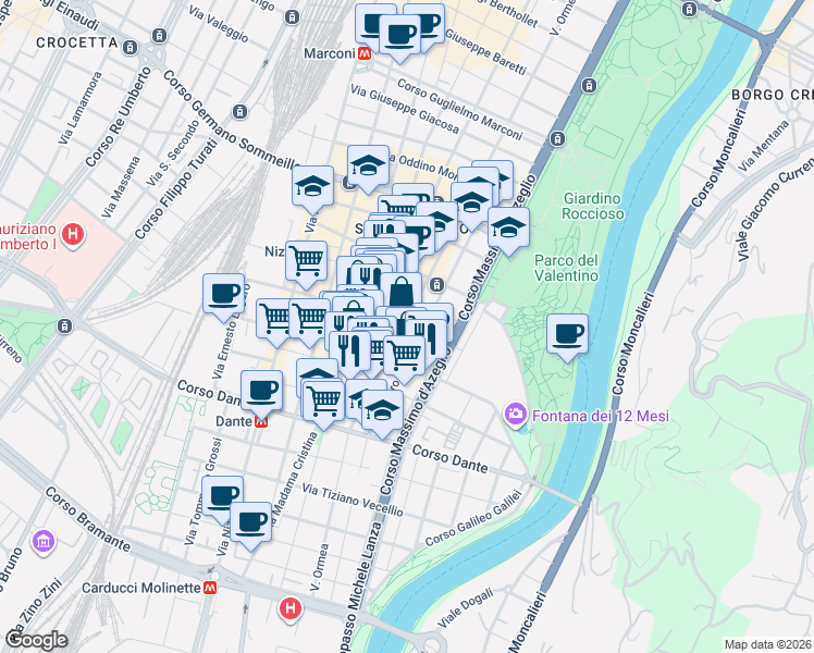 map of restaurants, bars, coffee shops, grocery stores, and more near 87d Via Ormea in Torino