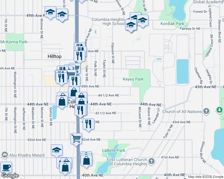 map of restaurants, bars, coffee shops, grocery stores, and more near 1119 44 1/2 Avenue Northeast in Columbia Heights