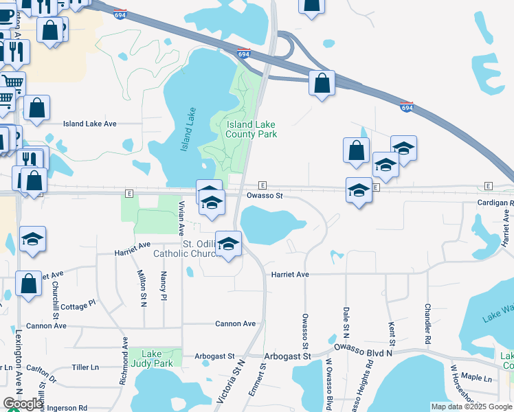 map of restaurants, bars, coffee shops, grocery stores, and more near 3595 Owasso Street in Shoreview