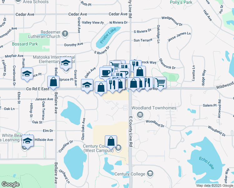 map of restaurants, bars, coffee shops, grocery stores, and more near 2694 County Road E East in White Bear Lake