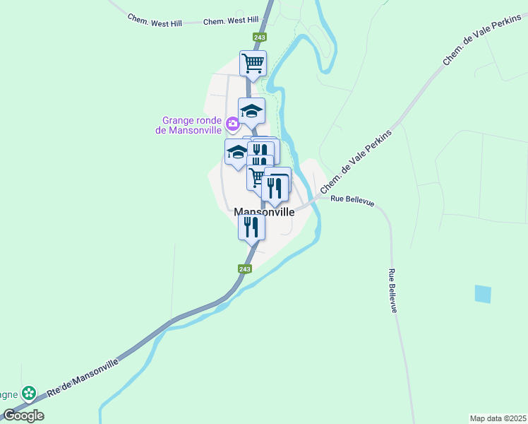 map of restaurants, bars, coffee shops, grocery stores, and more near in Mansonville