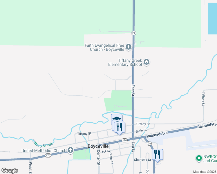 map of restaurants, bars, coffee shops, grocery stores, and more near 903 Granbakken Way in Boyceville