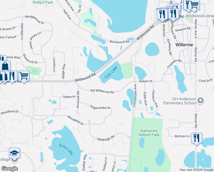map of restaurants, bars, coffee shops, grocery stores, and more near 123 Old Wildwood Road in Saint Paul