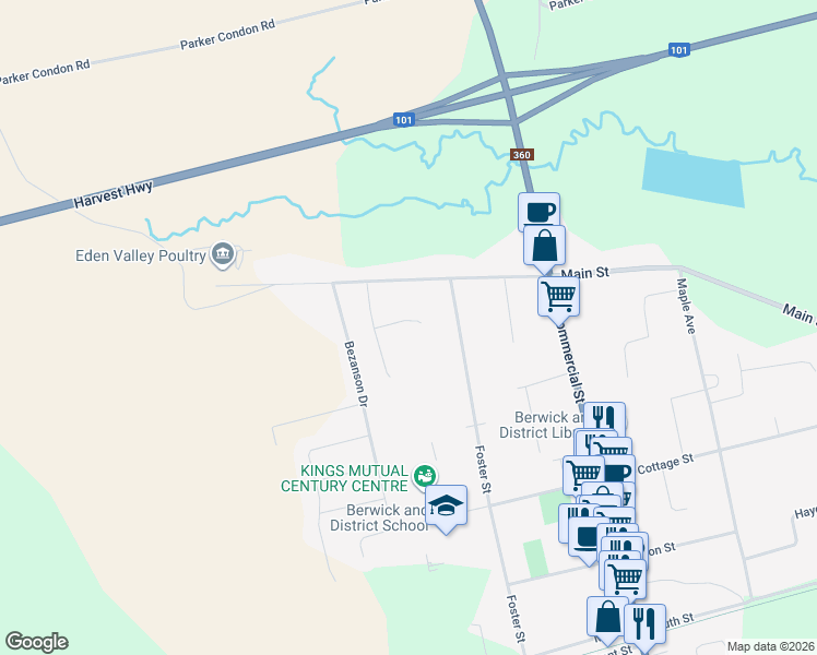 map of restaurants, bars, coffee shops, grocery stores, and more near 20 Gala Drive in Berwick