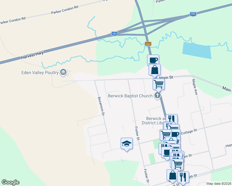 map of restaurants, bars, coffee shops, grocery stores, and more near 12 Gala Drive in Berwick