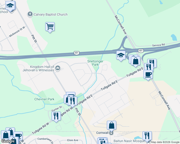map of restaurants, bars, coffee shops, grocery stores, and more near 257 Northwoods Crescent in Cornwall