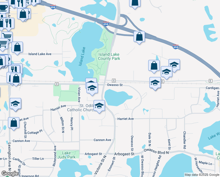 map of restaurants, bars, coffee shops, grocery stores, and more near 3595 Owasso Street in Shoreview