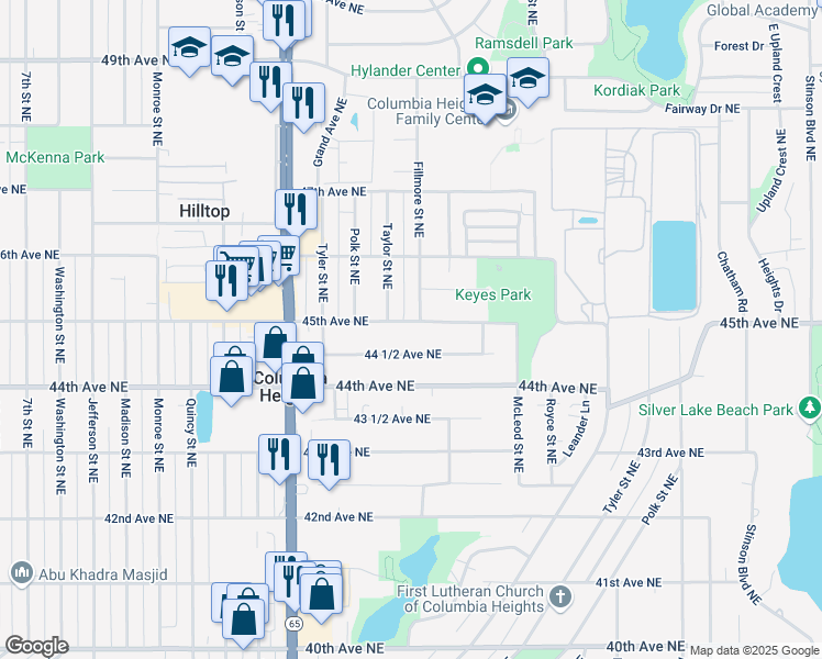 map of restaurants, bars, coffee shops, grocery stores, and more near 1119 44 1/2 Avenue Northeast in Columbia Heights