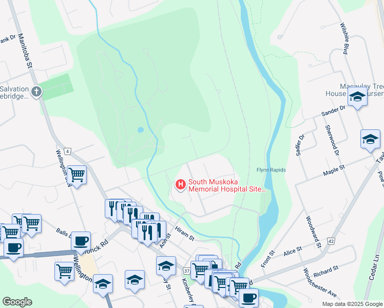 map of restaurants, bars, coffee shops, grocery stores, and more near 8 Oakwood Heights in Bracebridge