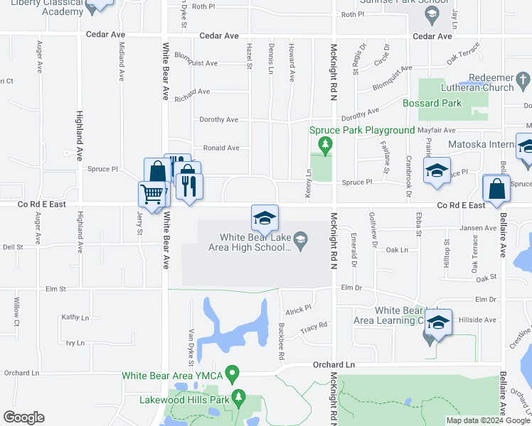 map of restaurants, bars, coffee shops, grocery stores, and more near 2160 County Road E East in Saint Paul